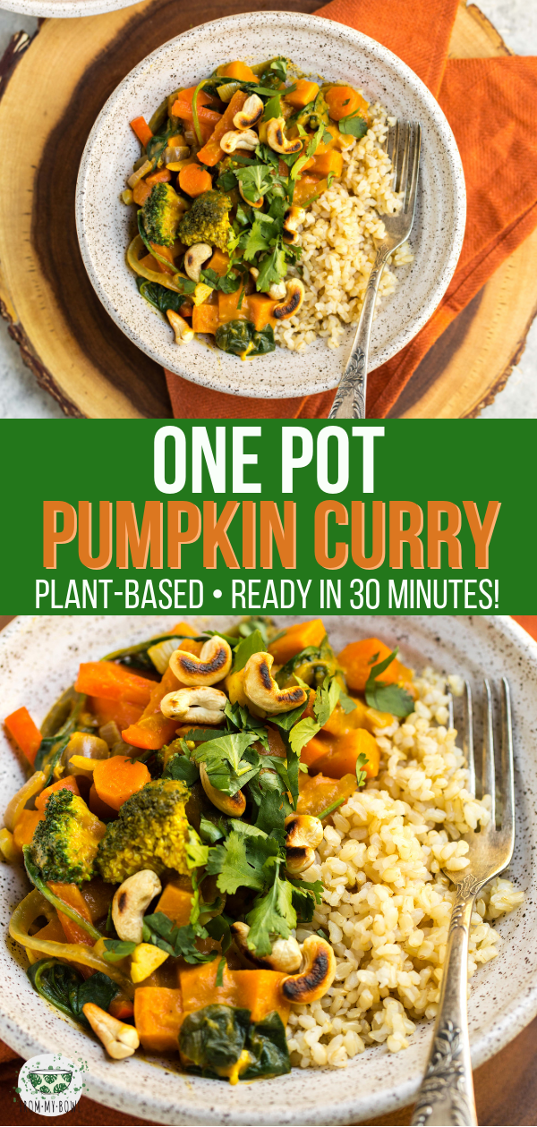 This creamy Pumpkin Curry comes together in less than 30 minutes! It's packed with veggies and flavor, making it perfect for a cozy Dinner or Meal Prep #pumpkincurry #onepot #30minutemeal #vegancurry #fallcurry #plantbased #glutenfree via frommybowl.com