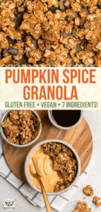 Crunchy, Sweet, and Perfectly Spiced, this Pumpkin Spice Granola is a delicious Fall treat! Vegan, Gluten-Free, and made with only 7 ingredients. #pumpkinspice #granola #fallgranola #glutenfree #vegan #plantbased #oilfree via frommybowl.com