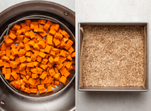 side-by-side photos of sweet potatoes in a steamer basket next to photo of pecan crust in baking dish