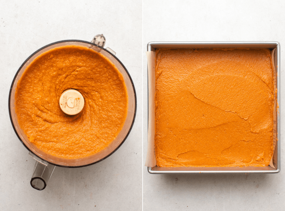 side-by-side photos of sweet potato filling in processor next to filling in baking dish before baking