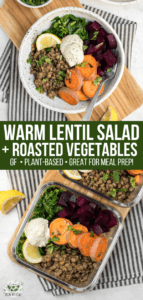 This Warm Lentil Salad is hearty and delicious! Rosemary Garlic Lentils combine with steamed Kale and Roasted Vegetables for a healthy and balanced meal. #vegan #plantbased #mealprep #lentilsalad #veganbowls via frommybowl.com