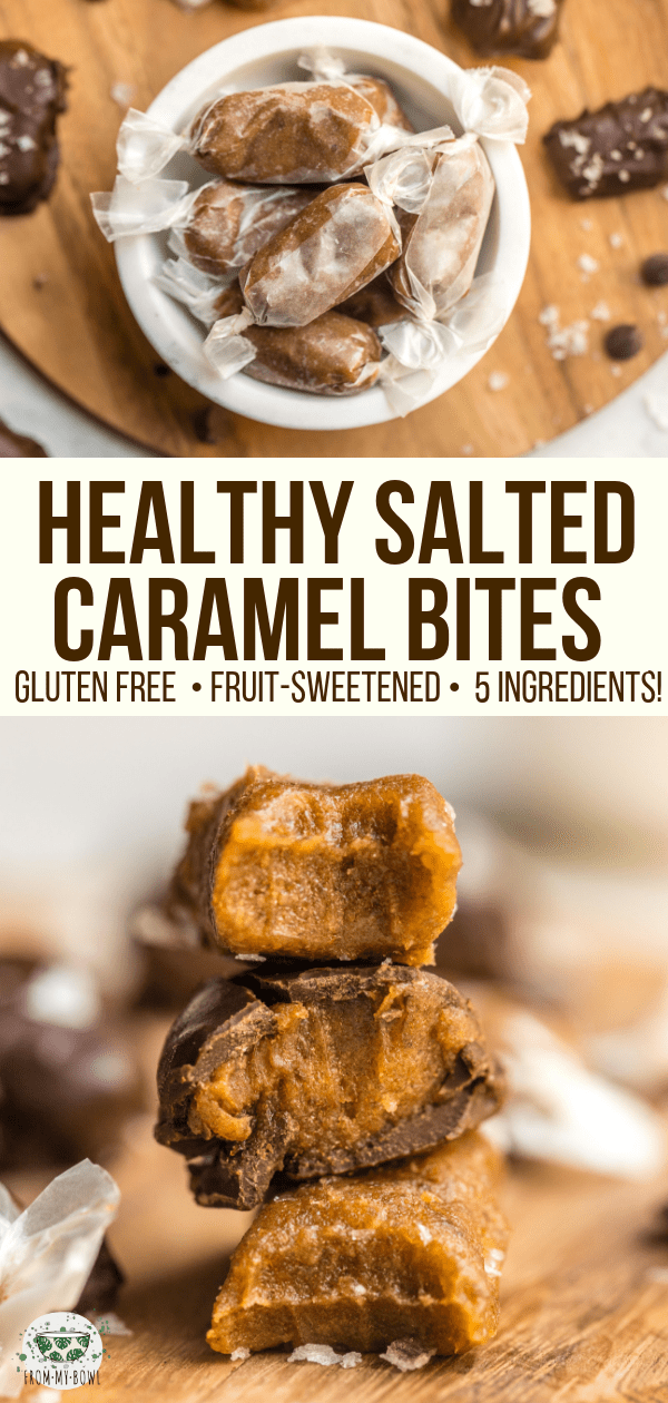 These Date-Sweetened Salted Caramels will satisfy your sweet tooth, but are made with only 5 healthy plant-based ingredients! Vegan, Gluten-Free & Fruit-Sweetened. #vegan #plantbased #glutenfree #saltedcaramels #healthycandy #caramel #sugarfree | frommybowl.com