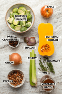 Fall vegetables arranged on stone countertop. Clockwise text labels read apple, butternut squash, rosemary, thyme, vegetable broth, celery, pecans, onion, dried cranberries, shallot, and brussels sprouts
