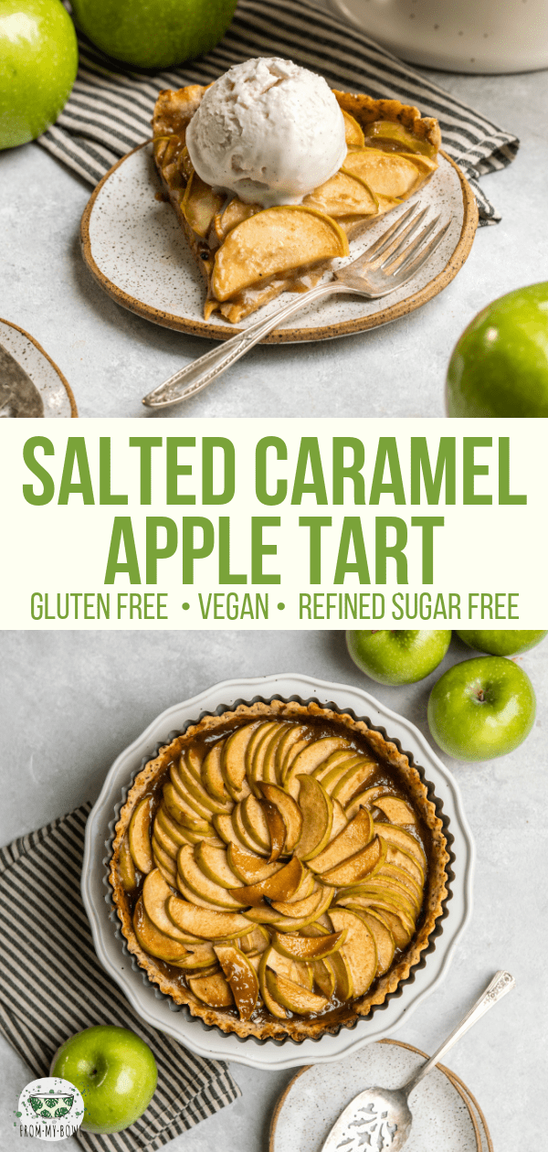 This Salted Caramel Apple Tart is Vegan, Gluten-Free, and Refined Sugar-Free, but you won’t notice! A perfect fall or winter dessert for sharing with friends and family. #appletart #applepie #vegan #glutenfree #plantbased #grainfree #saltedcaramel #veganpie via frommybowl.com