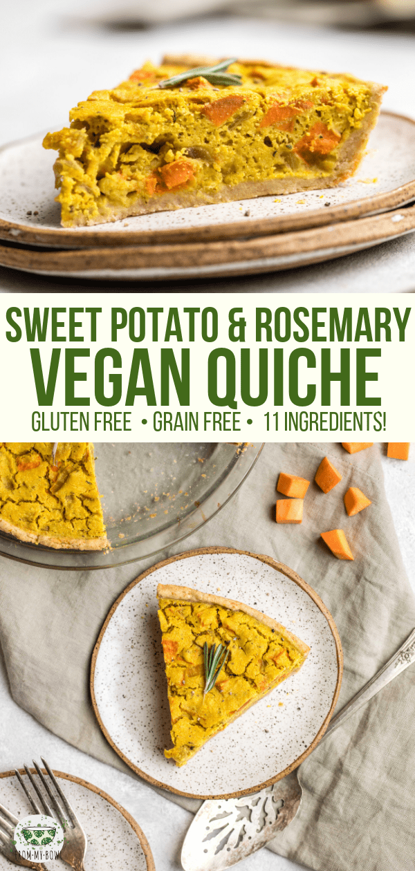 This Sweet Potato & Rosemary Quiche is Vegan, Gluten-Free, and Grain Free! A perfect breakfast or dinner option packed with hearty and cozy flavor. #vegan #glutenfree #plantbased #quiche #veganquiche #sweetpotato #rosemary | frommybowl.com