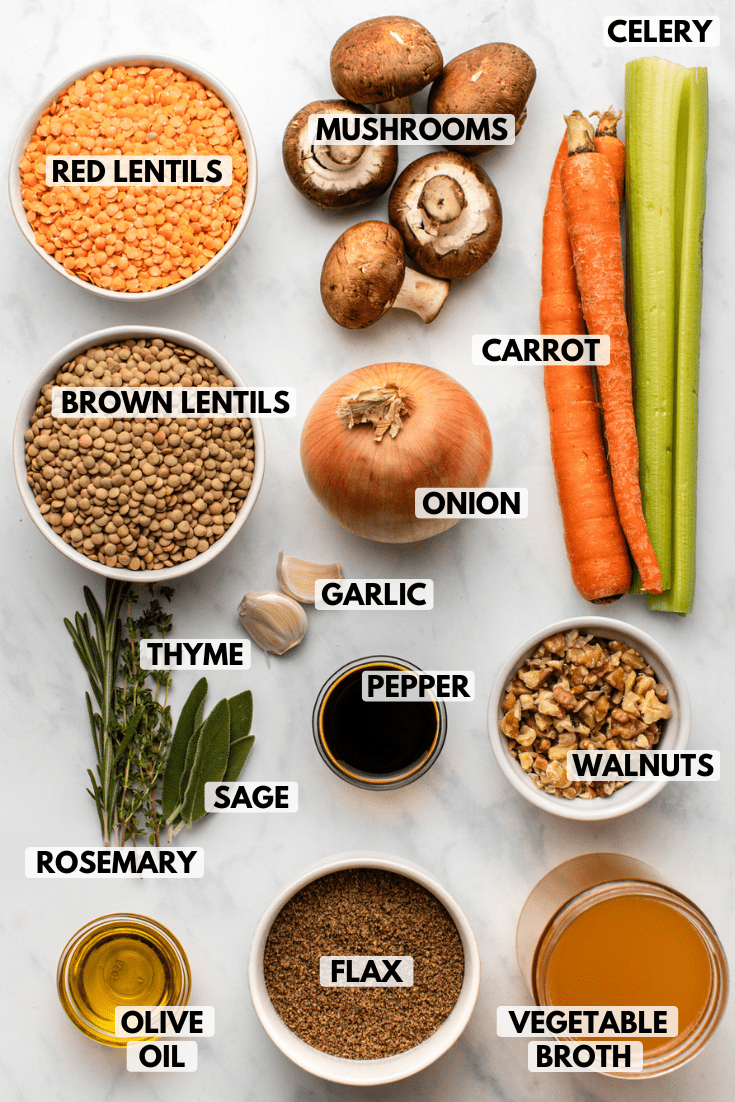 ingredients for vegan lentil loaf on kitchen countertop