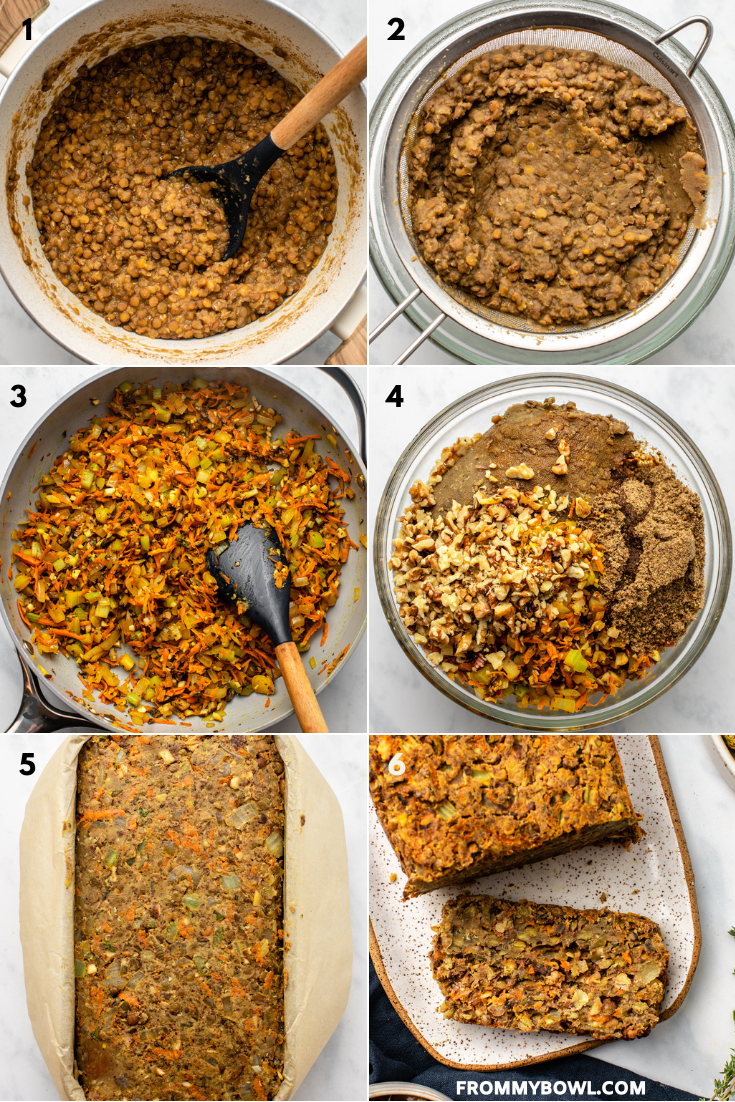 collage of photos showing steps to make lentil loaf