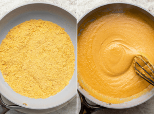 side-by-side photos of toasted nutritional yeast in sauté pan, next to photo of whisking finished gravy in the same pan