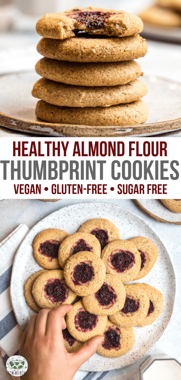 These Almond Flour Thumbprint Cookies are Grain-Free, Vegan, Naturally Sweetened, and made with only 7 healthy ingredients! #vegan #almondcookies #grainfree #glutenfree #plantbased #cookies #thumbprintcookies #dessert | via frommybowl.com