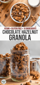 This Naturally Sweetened Chocolate Hazelnut Granola is a perfect snack! Crunchy Oat clusters combine with Hazelnuts and Chocolate Chunks for a yummy treat. #vegan #glutenfree #plantbased #chocolate #hazelnut #granola | frommybowl.com