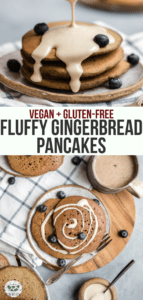 Fluffy, Vegan, and Gluten-Free, these Gingerbread Pancakes are the perfect holiday breakfast! They're full of warming spices, whole grains, and big flavor. #vegan #glutenfree #plantbased #pancakes #gingerbread | frommybowl.com