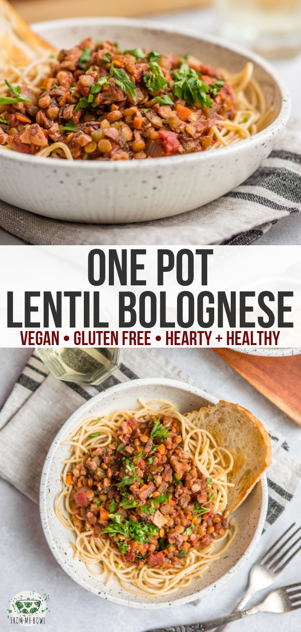 This Lentil Bolognese is hearty, healthy, and made in one pot! This cozy and satisfying Vegan & Gluten-Free Entree is packed with veggies and plant protein. #vegan #glutenfree #plantbased #bolognese #lentil #pasta | frommybowl.com
