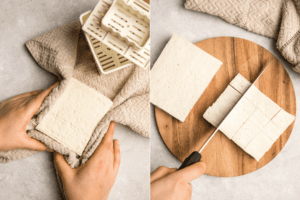 side by side photos of hands pressing tofu and cubing tofu on wood cutting board