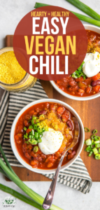 This Easy Vegan Chili Recipe is healthy, hearty, and a perfect cozy meal for chilly days! It's packed with Protein and Fiber thanks to Beans & Veggies. #vegan #chili #glutenfree #plantbased #vegetarian | frommybowl.com