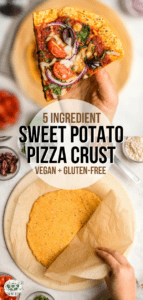 Finally, Sweet Potato Pizza crust that's fluffy, healthy, and delicious! Vegan, Gluten-Free, and made with only 5 ingredients. #vegan #glutenfree #plantbased #sweetpotato #pizza | frommybowl.com