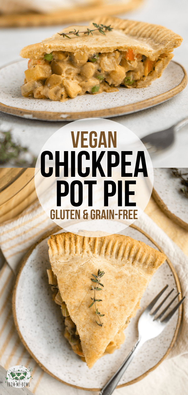 Hearty and Cozy, this Chickpea Pot Pie has a flaky crust, lots of veggies, a creamy sauce, and plenty of plant-based protein thanks to Chickpeas! #vegan #glutenfree #grainfree #potpie #chickpea | frommybowl.com