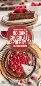 You'll hardly believe that this decadent No-Bake Chocolate Raspberry Tart is made with only 8 healthy ingredients! Vegan, Sugar-Free, & Grain-Free. #vegan #grainfree #chocolate #raspberry #tart #nobake | frommybowl.com