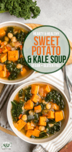 This Sweet Potato Kale Soup is easy, cozy, and healthy! These steamy bowls of vegetables, chickpeas, and flavorful broth won't last long at your table. #vegan #glutenfree #sweetpotato #kale #soup #plantbased | frommybowl.com