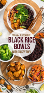 Piled high with Teriyaki-flavored Black Rice, Crispy Tofu, and a crunchy Asian Slaw, these Black Rice Bowls are hearty, nourishing, and satisfying! #vegan #mealprep #blackrice #glutenfree #bowl | frommybowl.com