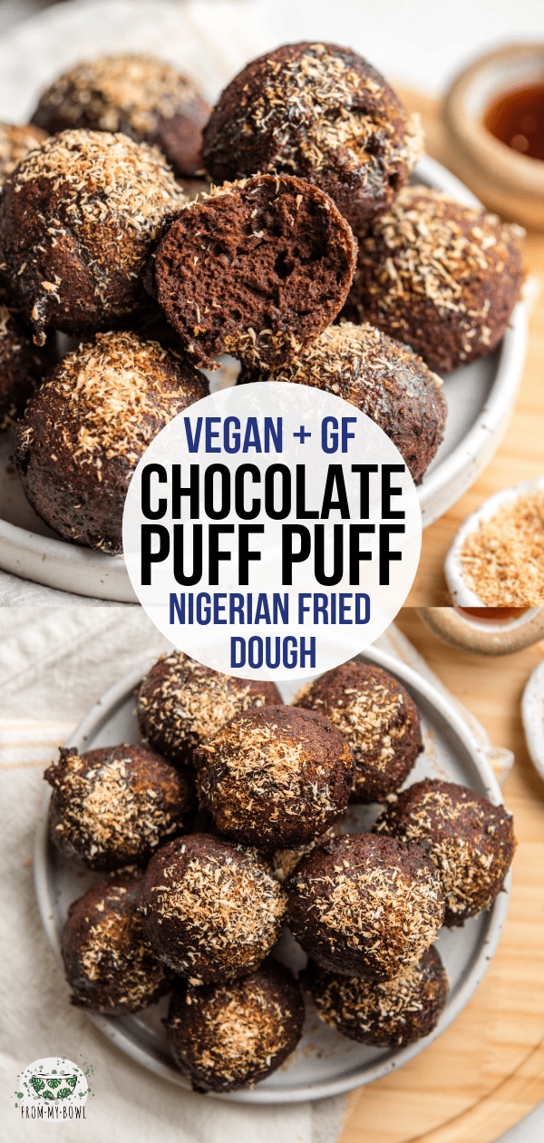 A twist on a classic Nigerian street food, this Chocolate Puff Puff has a crispy exterior combined with a rich & fluffy chocolate inside! #vegan #glutenfree #plantbased #puffpuff #dessert #frieddough | frommybowl.com