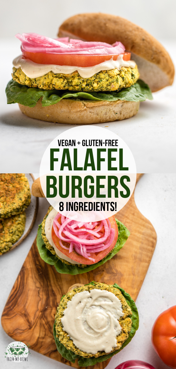 You only need 8 ingredients and 1 bowl to make these Falafel Burgers! Packed with heart-healthy chickpeas and fresh herbs for a hearty plant-based main. #vegan #glutenfree #falafel #burger #plantbased