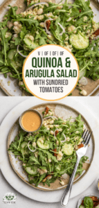 This plant-based Quinoa & Arugula salad is full of whole grains, crunchy veggies, and plant-based protein! Great for a healthy entree or hearty side. #vegan #plantbased #salad #quinoa #arugula | Frommybowl.com