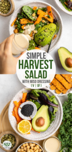 This simple harvest salad is packed with leafy greens, crunchy veggies, chickpeas, and hearty brown rice for a wholesome and satisfying meal! #salad #vegan #glutenfree #oilfree | frommybowl.com