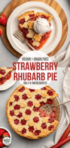 With a crispy crust and juicy filling, this Strawberry Rhubarb Pie is a perfect warm-weather dessert! Vegan, Grain-Free, and made with only 8 ingredients. #strawberry #rhubarb #pie #vegan #grainfree | frommybowl.com
