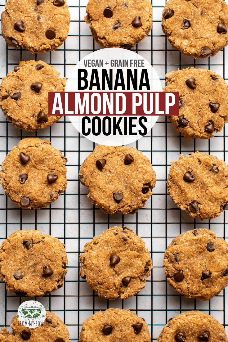 These fluffy Banana Almond Pulp cookies are a healthy and yummy way to use up your leftover nut pulp after making almond milk! Vegan + Grain-Free. #vegan #bananacookies #almondpulp #grainfree #plantbased | frommybowl.com