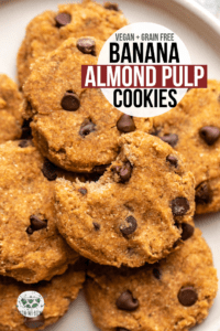 These fluffy Banana Almond Pulp cookies are a healthy and yummy way to use up your leftover nut pulp after making almond milk! Vegan + Grain-Free. #vegan #bananacookies #almondpulp #grainfree #plantbased | frommybowl.com