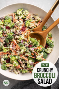 This crunchy broccoli salad is dairy-free, vegan, and oil-free! Perfect for a picnic, potluck, or warm weather side. #vegan #broccolisalad #oilfree #picnicsalad #plantbased | frommybowl.com