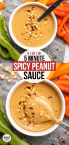 This easy peanut sauce is creamy, tangy, and slightly spicy thanks to only 6 wholesome ingredients! Use it as a dip for veggies or drizzled over bowls.
