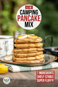 pinterest image for vegan camping mix with stack of pancakes on tan speckled plate