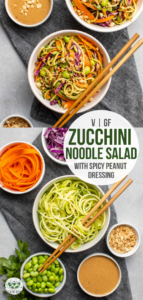 Zucchini noodles combine with, edamame, crunchy veggies, and a spicy peanut sauce to make this fresh, filling, and protein-packed salad! #zucchini #salad #peanutsauce #zucchininoodle #lowcarb #plantbased | frommybowl.com