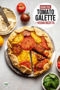This grain-free galette is bursting with flavor, thanks to a buttery crust, juicy tomatoes, and a dairy-free ricotta cheese. Vegan & Gluten-Free. #tomatogalette #tomato #vegan #glutenfree #plantbased | frommybowl.com