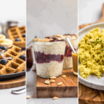 vegan waffles, overnight oats, and tofu scramble in a collage