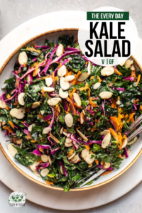 A simple, hearty, and wholesome kale salad for weeknight dinners or meal prep. Made from budget and fridge-friendly ingredients, you'll make this over and over! #kalesaald #kale #mealprep #vegan #vegansalad | frommybowl.com