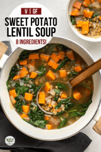 This Sweet Potato & Lentil soup is cozy, heart, and made with only 8 healthy ingredients! A perfect cold-weather lunch or dinner. #sweetpotato #lentilsoup #vegan #mealprep #oilfree | frommybowl.com