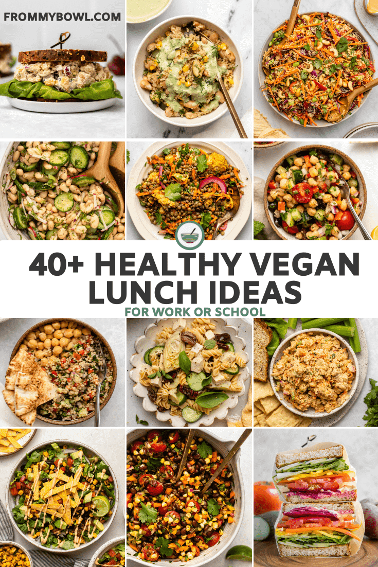 Collage of vegan sandwiches, salads, and casseroles