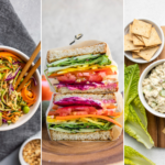 collage of zucchini noodle bowl, rainbow sandwich, and vegan tuna salad in white bowl
