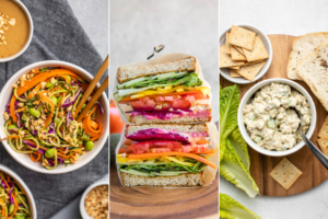 collage of zucchini noodle bowl, rainbow sandwich, and vegan tuna salad in white bowl