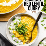Bowl of coconut red lentil curry with rice and cilantro