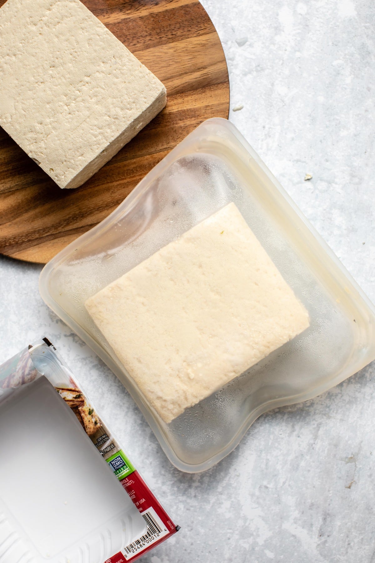 block of tofu in freezer-safe ziploc bag