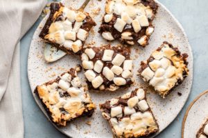 vegan smores bars cut on small white plate