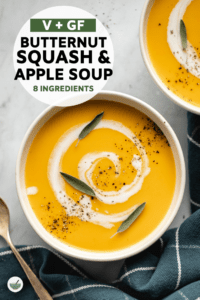 This Butternut Squash and Apple Soup is creamy and bursting with fall flavor! Hard to believe it's totally vegan and made with only 8 ingredients. #butternutsquash #apple #soup #vegan #plantbased | frommybowl.com