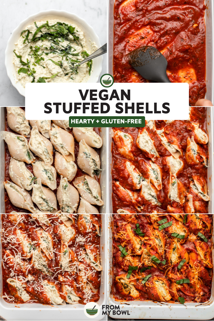 six steps of the cooking process for the best ever vegan stuffed shells