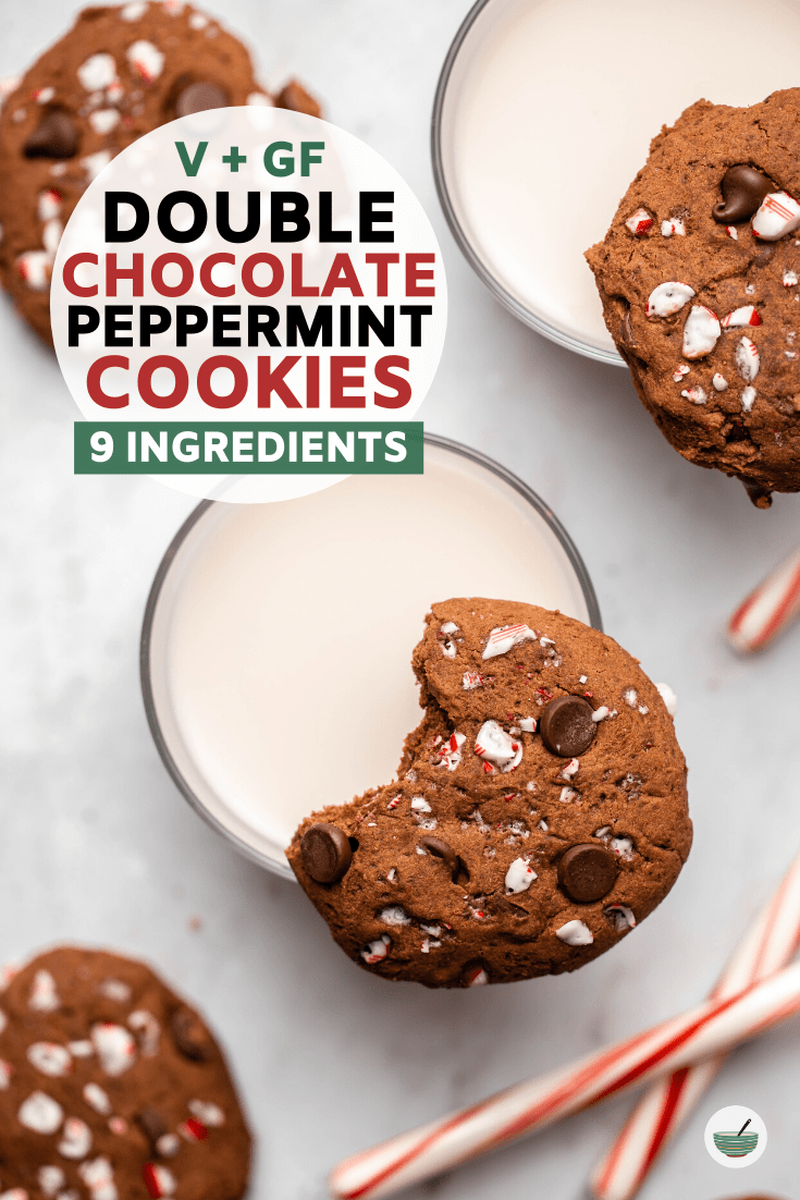These Double Chocolate Peppermint Cookies are fluffy, rich, and the perfect holiday treat! Vegan, Gluten-Free, and made from 9 wholesome ingredients. #chocolate #peppermint #cookies #vegan #glutenfree #plantbased #oilfree | frommybowl.com