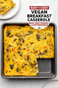 Tofu and chickpea flour combine to make this hearty and protein-packed vegan breakfast casserole! Switch up the veggies for a variety of flavor options. #vegan #plantbased #breakfastcasserole #veganegg #oilfree | frommybowl.com