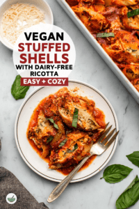 These vegan stuffed shells are made from simple ingredients but don't fall short on creamy, cheesy flavor! Perfect for a special occasion or holiday meal. #pasta #stuffedshells #dairyfree #glutenfree #vegan #plantbased | frommybowl.com