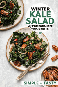 Hearty kale, crunchy pomegranates, and candied pecans combine to make the perfect winter kale salad with a pomegranate balsamic dressing. Naturally vegan and gluten-free! #salad #kale #wintersalad #pomegranate #vegan | frommybowl.com